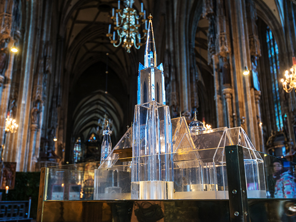 Transparent donation box in the cathedral in the shape of St. Stephen’s Cathedral